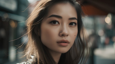 Portrait of a beautiful young asian woman in the city.の素材