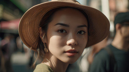 Portrait of a beautiful young asian woman in hat outdoors.の素材