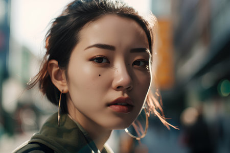 Portrait of a beautiful young asian woman in urban background.の素材