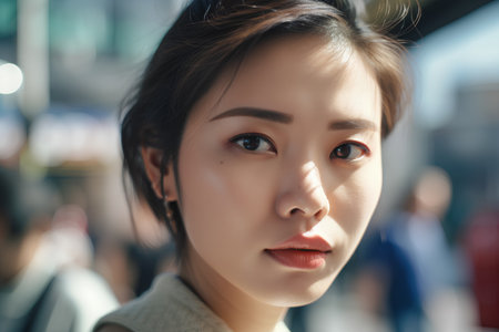 Portrait of a young beautiful asian woman in a city.の素材