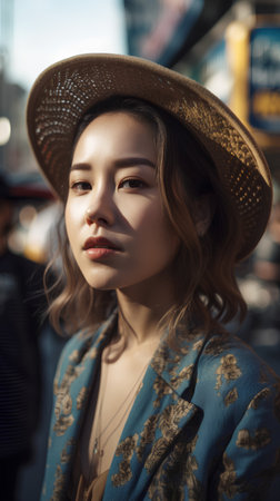 Portrait of a beautiful young woman in a hat on a background of the cityの素材