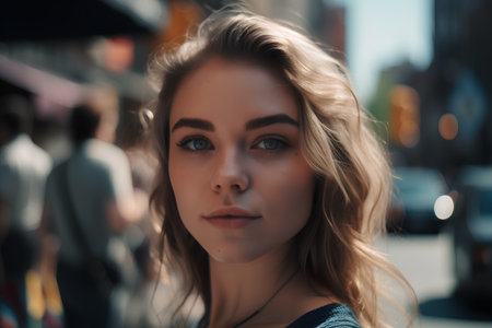 Portrait of a beautiful girl with blue eyes in a city.の素材