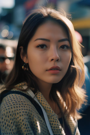 Portrait of a beautiful young asian woman on the street.の素材