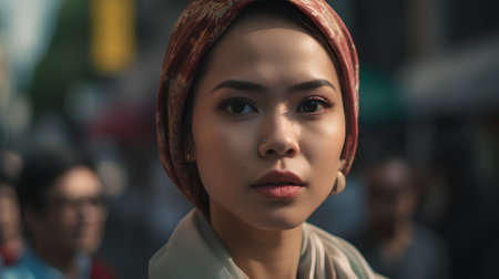 Portrait of a young muslim woman wearing headscarf in the streetの素材