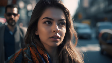 Portrait of a beautiful young brunette woman on the street.の素材