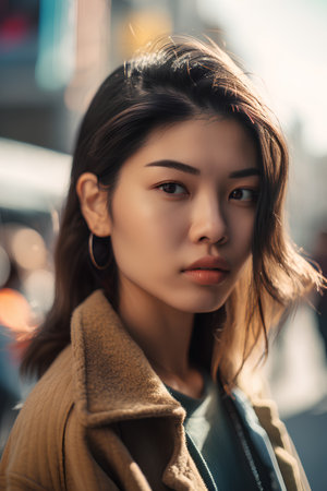 beautiful asian woman in beige coat looking at camera on streetの素材