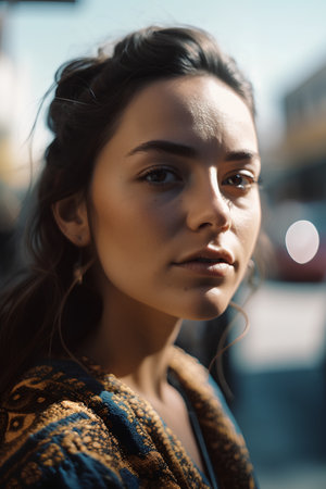 Portrait of a beautiful girl in the city, close-upの素材