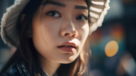 Portrait of a beautiful young asian woman with hat in the cityの素材