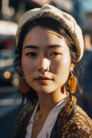 Portrait of a beautiful young asian woman in the city.の素材