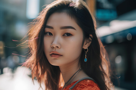Portrait of a beautiful young asian woman in the city.の素材