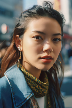 Portrait of a beautiful young asian woman in a city streetの素材