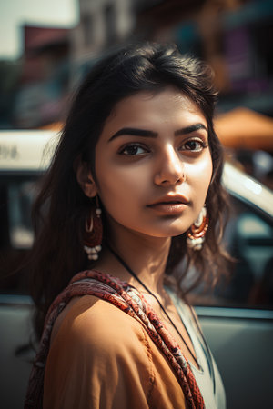 Portrait of a beautiful young indian woman with long brown hair wearing a boho style clothes.の素材