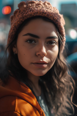 Portrait of a beautiful girl in a hat on the street.の素材