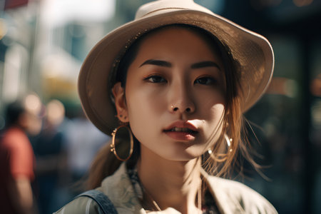Portrait of a beautiful young woman in a hat in the cityの素材