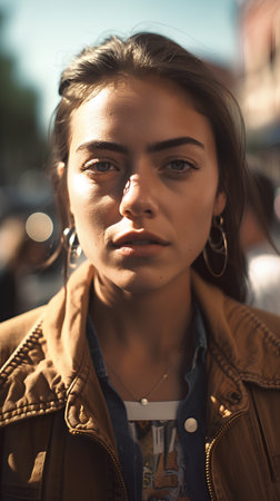 Portrait of a beautiful young woman in the city. Fashion photo.の素材