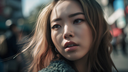Portrait of a beautiful girl with long hair in the city.の素材