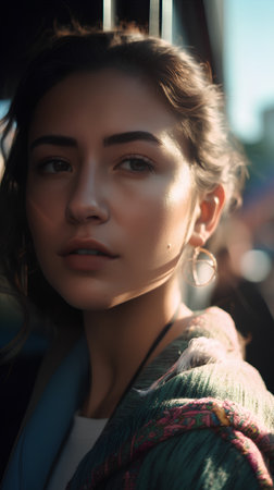 Portrait of a beautiful young brunette woman in the city.の素材