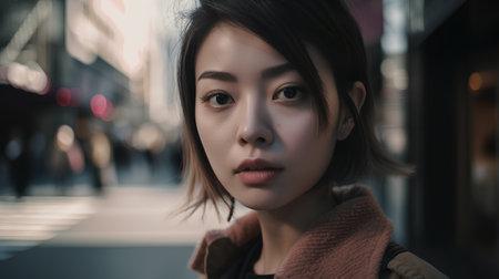 Portrait of a beautiful young asian woman in the city.の素材