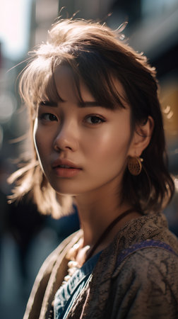 Portrait of a beautiful young woman on the street. Close-up.の素材
