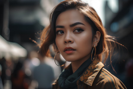 Portrait of a beautiful young asian woman in the city.の素材