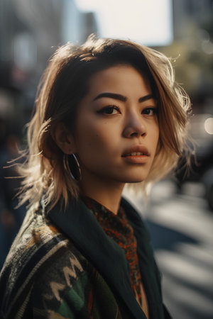Fashionable young woman in the city. Portrait of a beautiful girl in the city.の素材