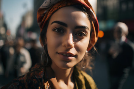Close up portrait of a beautiful girl with brown hair and orange headscarfの素材