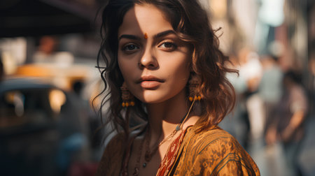 Portrait of a beautiful young woman with makeup in the style of boho.の素材