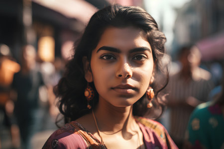 Portrait of a young beautiful Indian woman in a city street.の素材