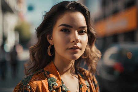 Close up portrait of a beautiful young brunette woman with curly hair in an orange jacket on the streetの素材