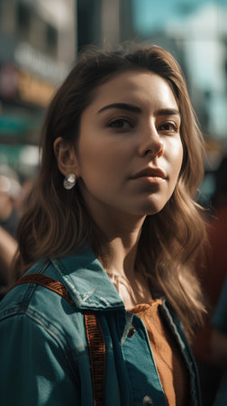 Portrait of a beautiful girl in a denim jacket in the cityの素材