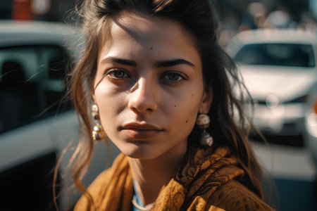 Close-up portrait of a beautiful young woman in the city.の素材