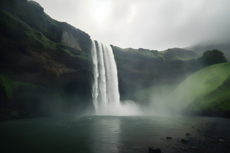 Seljalandsfoss waterfall in Iceland in a foggy dayの素材