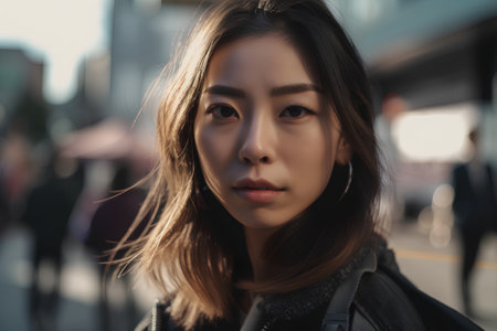 Portrait of young beautiful asian woman walking in the city.の素材