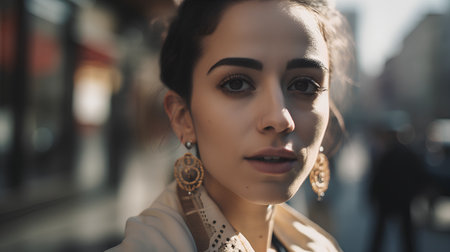 Portrait of a beautiful young brunette woman in the city.の素材