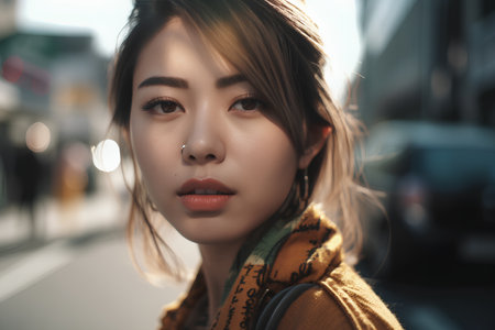 Portrait of a beautiful asian woman in the city. Soft focus.の素材