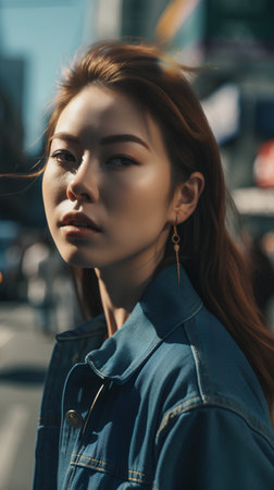 Portrait of a beautiful Asian woman in a blue jacket in the cityの素材