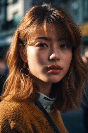 Portrait of a beautiful young asian woman in the city.の素材