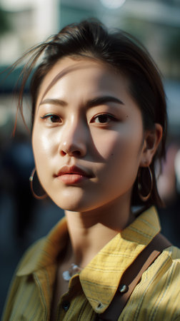 Portrait of a beautiful young asian woman wearing yellow jacket.の素材