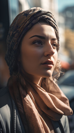 Close-up portrait of a beautiful girl with a scarf on her headの素材