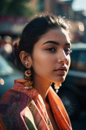 Portrait of a beautiful young asian woman in ethnic clothes.の素材