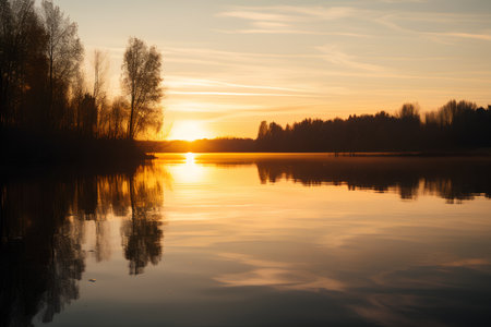 Sunset on the lake with trees in the foreground and reflection in waterの素材