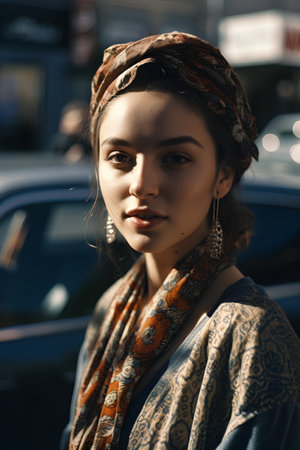 Fashionable woman poses outside Gucci fashion show building for Milan Women's Fashion Week in Milan.の素材