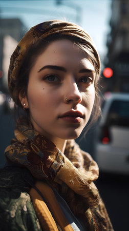 Portrait of a beautiful girl with a scarf in the city.の素材