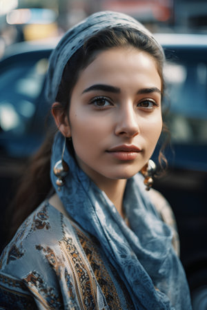 Portrait of a beautiful girl in a turban on the streetの素材