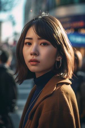 Beautiful young asian woman with brown coat walking in the cityの素材