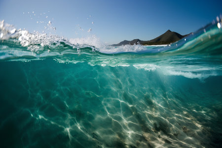 Underwater view of blue ocean wave with transparent water and mountain backgroundの素材