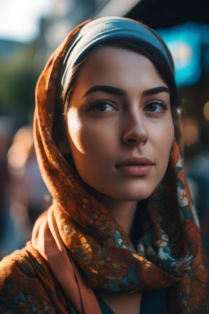 Close-up portrait of a beautiful young woman in a headscarf.の素材