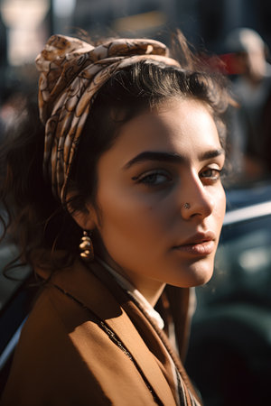 Portrait of a beautiful girl in a brown coat and headscarfの素材