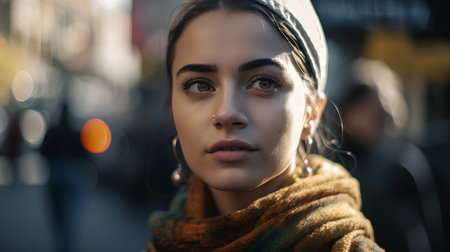 Portrait of a beautiful girl in a yellow scarf on the streetの素材