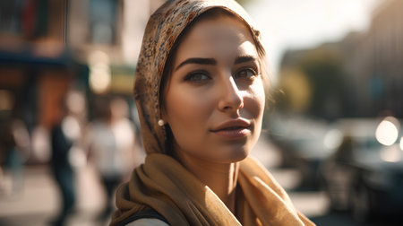 Portrait of a beautiful young woman in a headscarf on the streetの素材